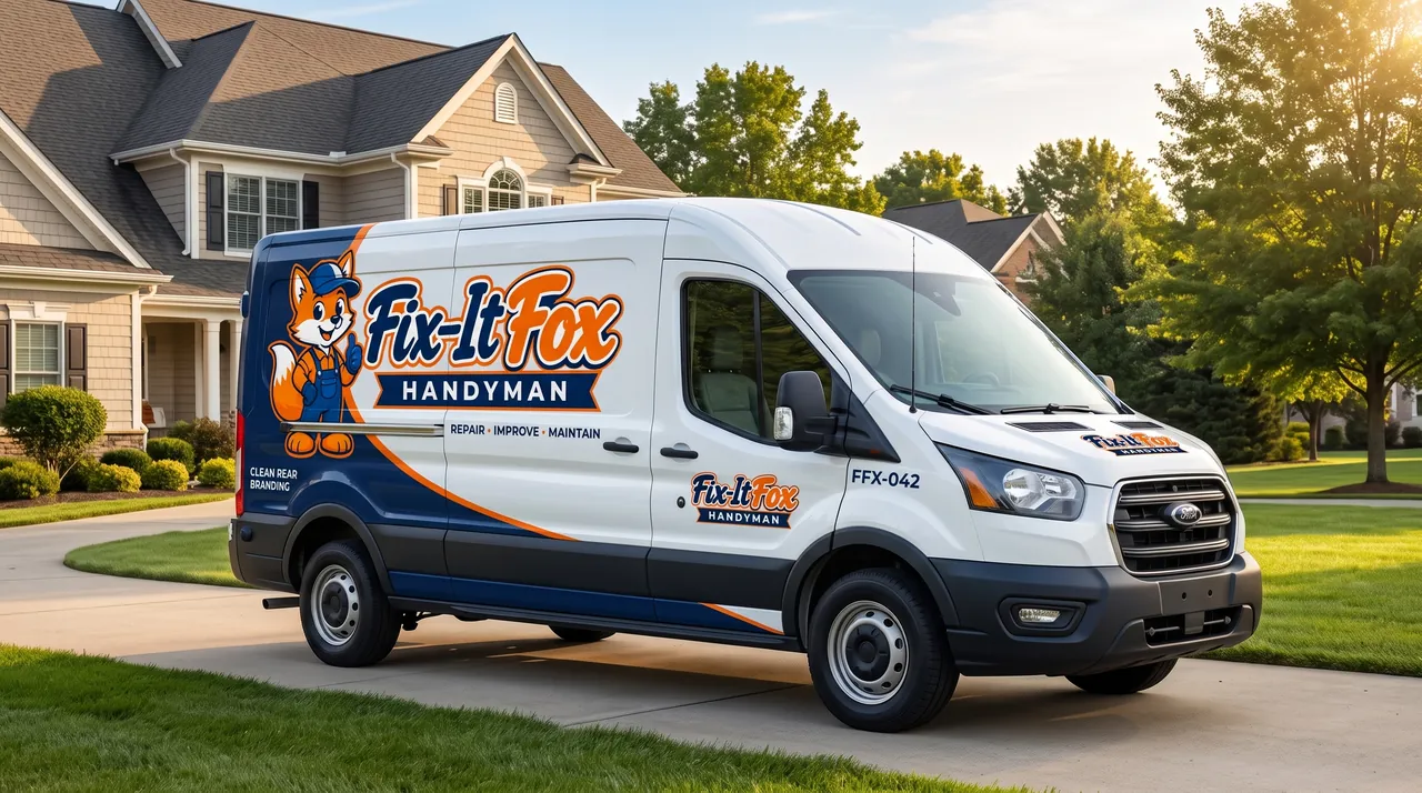 White Fix-It Fox Handyman van with navy and orange wrap and fox mascot, parked in a Lexington driveway